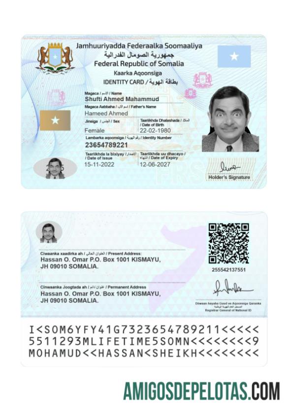 Cartão de identificação da Somália 2022 presente exemplo